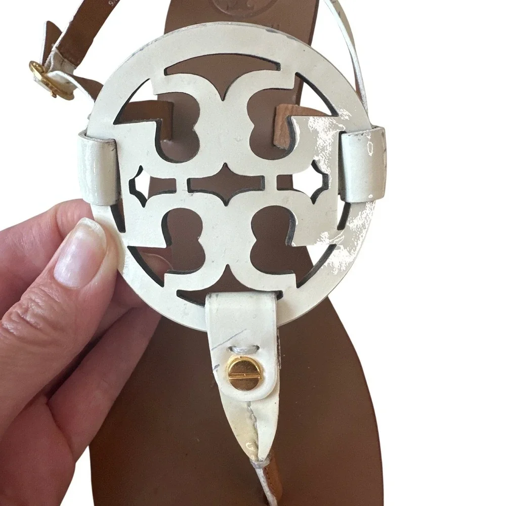 Tory Burch Holly White Patent Double T Kitten Heel Slingback Sandals 9.5